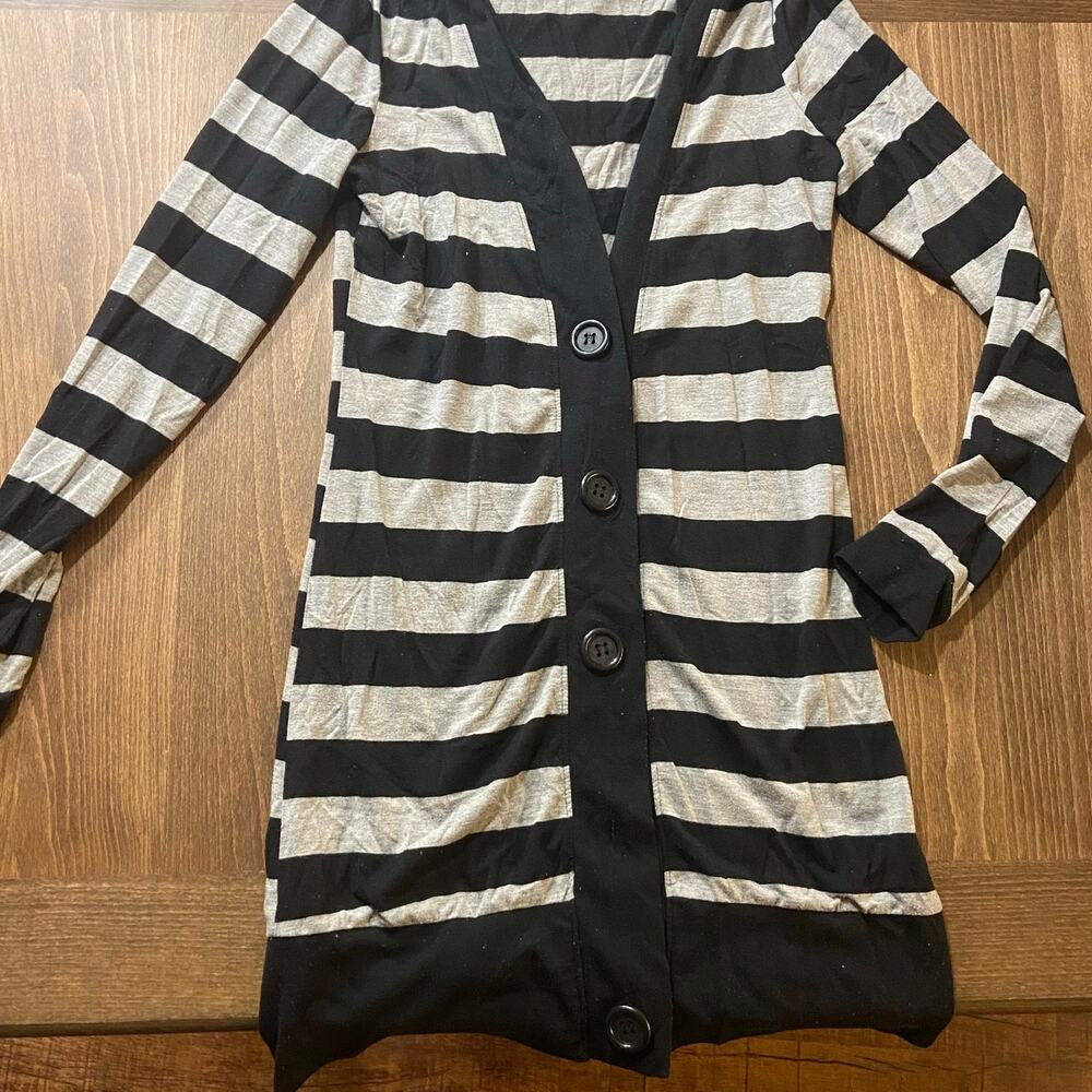 Belle du Jour Vintage Black Gray Striped Button Up Cardigan, Sz M